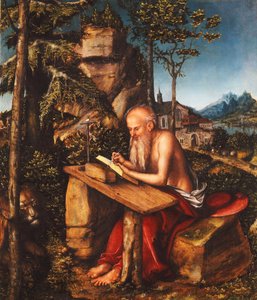 Svatý Jerome psaní ve skalnaté krajině, c.1515 od Lucas Cranach