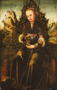 Svatá Máří Magdalena sedící na travnatém kraji v hornaté krajině, od Lucas Cranach