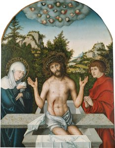 Pfirtscherův oltářní obraz: Bolestný Kristus sedící na sarkofágu mezi Pannou Marií a svatým Janem [ústřední panel] od Lucas Cranach the Elder