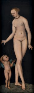 Venuše s Amorem jako zloděj medu před černým pozadím od Lucas Cranach the Elder