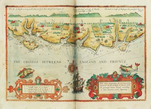 Mořské pobřeží Anglie mezi ostrovem Wight a Doverem s hlavními přístavy podle jejich polohy a výskytu, cca 1588 (mapa)