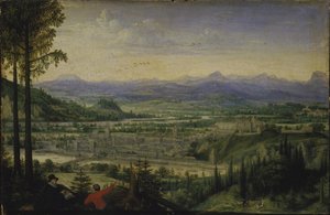 Pohled na Linz s uměleckou kresbou v popředí, 1593. od Lucas Valckenborch van