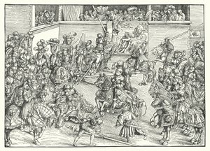 Turnaj s gobelínem Samsona a lva (rytina) od Lucas the Elder (after) Cranach