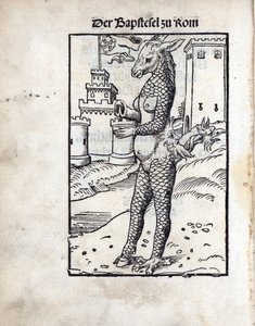 Bapstesel zu Rom (Papežský Asse nebo Římský papež Asse), Cranach, Lucas, starší (1472-1553). Dřevoryt od Lucas the Elder Cranach