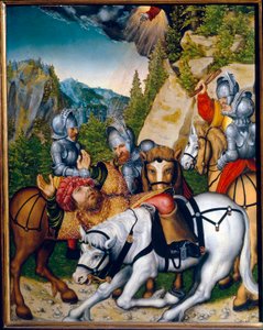Konverze na cestě do Damašku (Sýrie). (Konverze na cestě do Damašku). Svatý Pavel (Saul) z Tarsu (asi 8-c. 67). Obraz Lucase Cranacha mladšího (1515-1586), olej na dřevě. německé umění