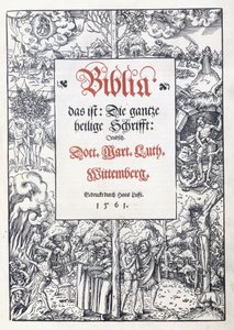 Titulní list s jemným obrázkovým okrajem z „Biblia, das ist: Celé svaté písmo: němčina“, přeložil Martin Luther, 1560-1561