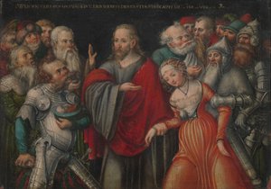 Kristus a cizoložnice, kolem 1545-50 (olej na buku) od Lucas the Younger studio of Cranach