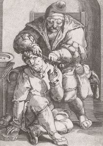 Barber chirurg ze 17. století pečující o pacientovo ucho. od Lucas van (after) Leyden