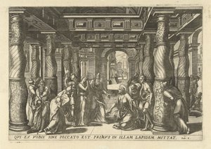 Christ en de overspelige vrouw Třináct nejelegantnějších a nejzdobnějších ikon Nového zákona v chrámu (název série) od Lucas van Doetechum