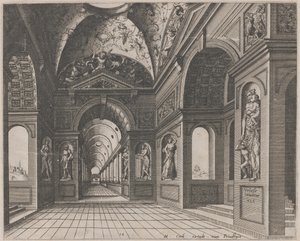 Interiér křížově klenutého sálu zdobeného groteskami od Lucas van Doetechum and Johannes