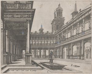 Palácové nádvoří s fontánou v obdélníkové pánvi