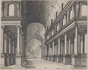 Pohled do kostela s iónskými sloupy a pěveckým sborem se sochou od Lucas van Doetechum and Johannes
