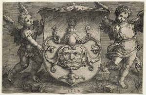 Štít s maskou podporovanou dvěma génii od Lucas van Leyden