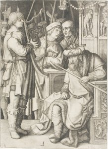 David hraje na harfu před Saulem od Lucas van Leyden