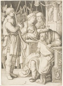 David hraje na harfu před Saulem od Lucas van Leyden