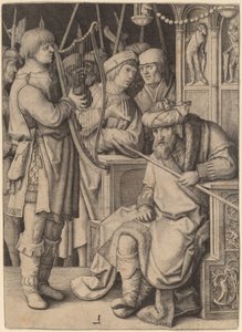 David hraje na harfu před Saulem od Lucas van Leyden