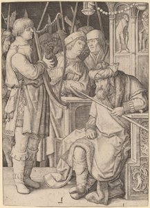 David hraje na harfu před Saulem od Lucas van Leyden