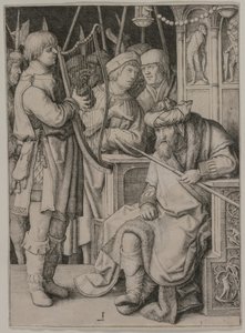 David hraje na harfu před Saulem od Lucas van Leyden