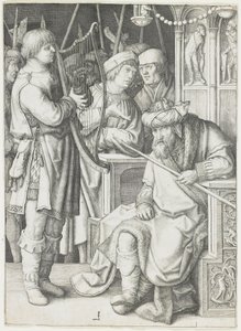 David hraje na harfu před Saulem, c. 1508 od Lucas van Leyden