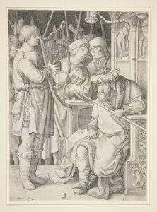 David hraje na harfu před Saulem od Lucas van Leyden