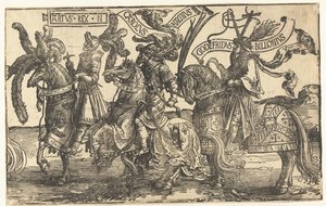 Hrdinové král Artuš, Karel Veliký a Godfrey z Bouillonu The Nine Heroes (název série) od Lucas van Leyden
