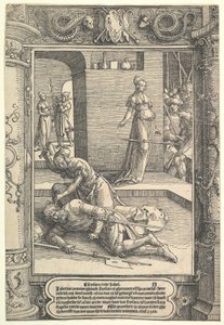 Jael Killing Sisera, ozdobný rám, ca. 1517. od Lucas van Leyden