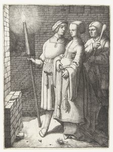 Mladý muž s pochodní, žena a nar od Lucas van Leyden