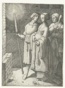 Mladý muž s pochodní, žena a nar od Lucas van Leyden