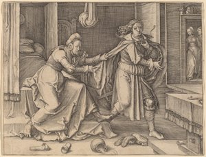 Joseph uniká Potifarově ženě od Lucas van Leyden