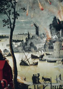 Lot a jeho dcery, detail zničení Sodomy (olej na panelu, cca 1517) od Lucas van Leyden