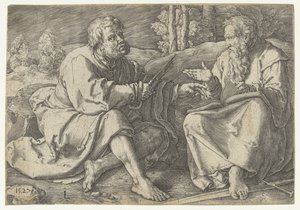 Pavel a Petr sedí v krajině od Lucas van Leyden
