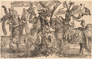 Devět hrdinů: Artuš, Karel Veliký (Charlemagne), Godfrey z Bouillonu od Lucas van Leyden