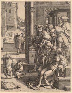Básník Virgil zavěšený v koši od Lucas van Leyden