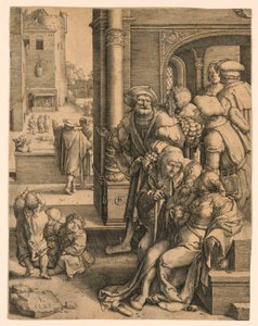 Básník Virgil zavěšený v koši od Lucas van Leyden