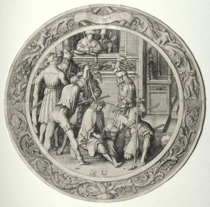 Kulaté umučení: Kristus korunovaný trním od Lucas van Leyden