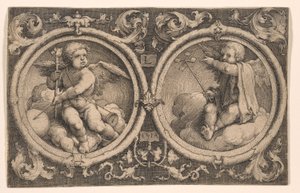 Dva amorci sedící na mracích od Lucas van Leyden