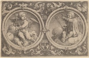 Dva Amorové sedící na oblacích ve dvou kruzích od Lucas van Leyden
