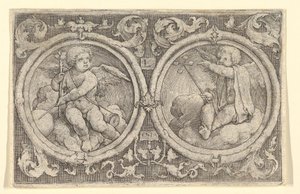 Dva Putti sedící v oblacích v kruzích s úponky, 1517. od Lucas van Leyden