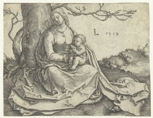 Panna a dítě sedí pod stromem od Lucas van Leyden