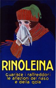 Reklama na lék Rinoleina proti nachlazení, bolesti v krku a kašli. Ilustrace Lucien Achille Mauzan (1883-1952).