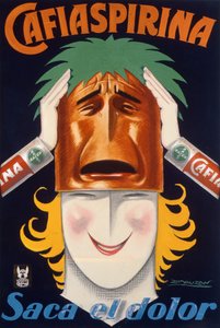 Plakát vyrobený v Argentině k propagaci Cafiaspirina aspirin (barevný litho)