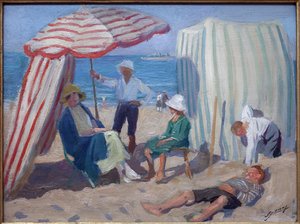 Na pláži. Malba Luciena Jonase (1880-1947), olej na dřevě 1920, francouzské umění, 20. stol. Musee la piscine, Roubaix.