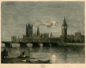 Westminster v noci barevná rytina