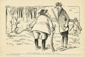 Ilustrace v Le Rire, 5.12.08 - Lov v Rambouillet - Přírodní vegetace, Lovec, prezident republiky, Rambouillet - Clemenceau Georges, Fallieres Armand (1841-1931), Jelen od Lucien Metivet