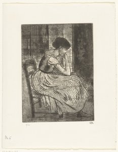 Mladá žena sedí u ohně od Lucien Pissarro
