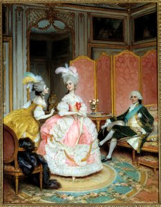 Prostituce: „“Hezká kurtizána““ Mladá žena představená v 18. století pánovi v soukromém salonu prostřednictvím dohazovače. Obraz Luciuse Rossiho (1846-1913)