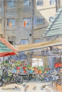 Orange Dusters Drying, Mahane Yehuda, Jeruzalém, 2019 (bez papíru) od Lucy Willis