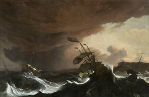Lodě v rozbouřeném moři u pobřeží, asi 1700-1705 (olej na plátně)