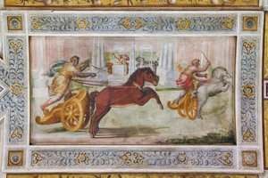 Závod kvadrigy, detail stropu Síně her (freska) od Ludovico Settevecchi