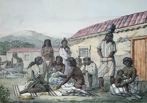 Hra, kterou hrají domorodci z Kalifornie, z „Voyage Pittoresque Autour du Monde“, vyrytá Jeanem Pierrem Norblinem (1745–1830) vydaná v roce 1822 (barevně lito)